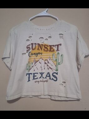 Sunset Canyon Texas Graphic Crop Top - Cream Distressed Cut Out